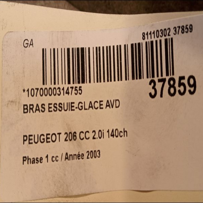 Bras essuie-glace avant droit occasion PEUGEOT 206 CC Phase 1 10-2000->03-2007 2.0i 140ch 6429R9 2