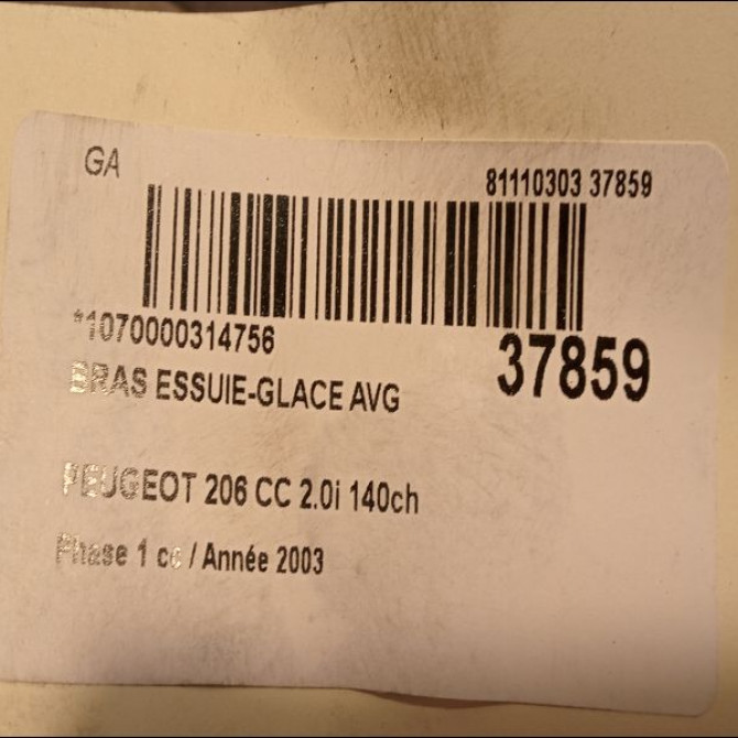 Bras essuie-glace avant gauche occasion PEUGEOT 206 CC Phase 1 10-2000->03-2007 2.0i 140ch 6429R9 2