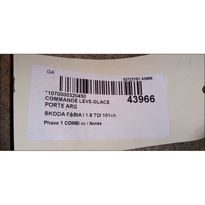 Commande leve-glace porte arrière gauche occasion SKODA FABIA I Phase 1 04-1995->04-1999 1.9 TDI 101ch 6Y095985501C 3
