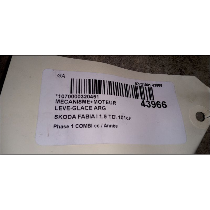 Mecanisme+moteur leve-glace arg occasion SKODA FABIA I Phase 1 04-1995->04-1999 1.9 TDI 101ch 6Y0839461 3