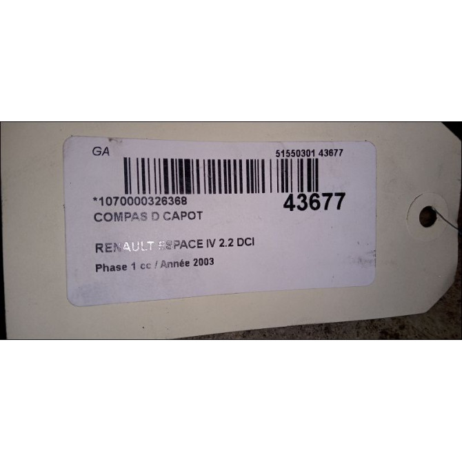 Compas d capot occasion RENAULT ESPACE IV Phase 1 09-2002->03-2006 2.2 DCI 7701207260 2