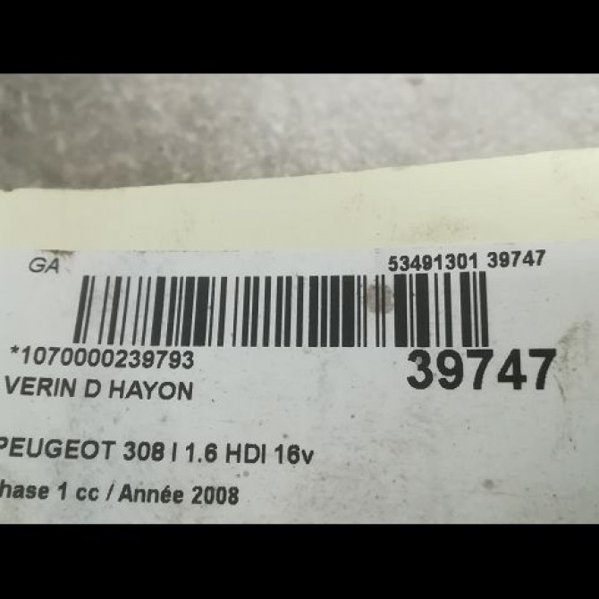 Verin droit hayon occasion PEUGEOT 308 I Phase 1 09-2007->03-2011 1.6 HDI 16v 90ch 8731Q6 2