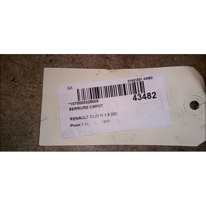 Serrure capot occasion RENAULT CLIO IV Phase 1 07-2012->... 1.5 DCI 75ch 656015563R 3