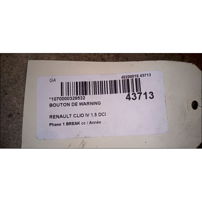 Bouton de warning occasion RENAULT CLIO IV Phase 1 04-1995->04-1999 1.5 DCI 90ch 2