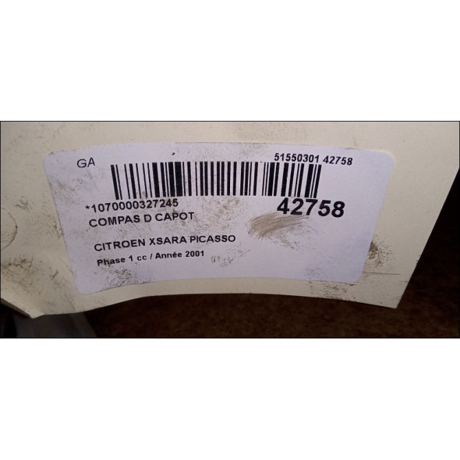 Compas d capot occasion CITROEN XSARA PICASSO Phase 1 12-1999->02-2004 2.0 HDi 90ch 791260 2