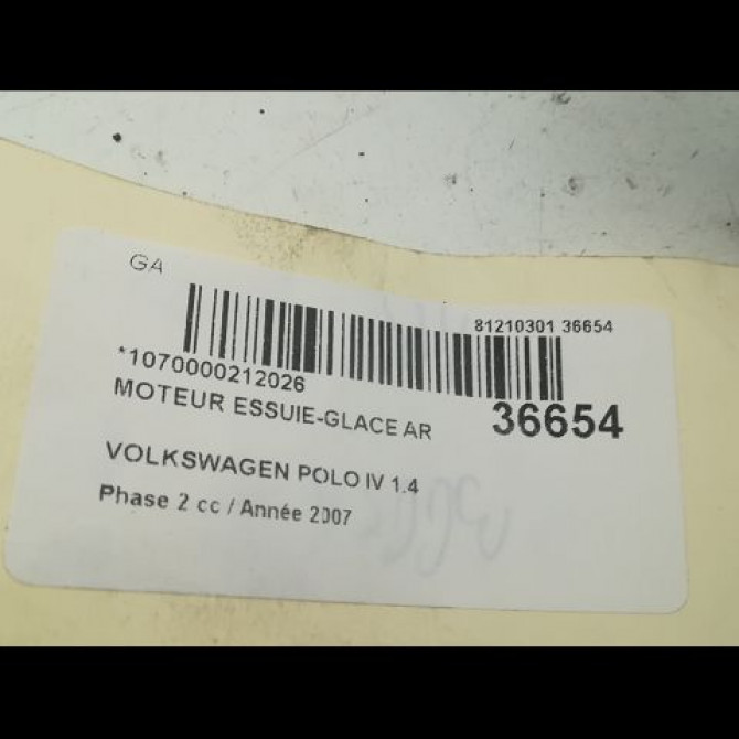 Moteur essuie-glace arrière occasion VOLKSWAGEN POLO IV Phase 2 05-2005->09-2009 1.4 TDI 80ch 6Q6955711C 3
