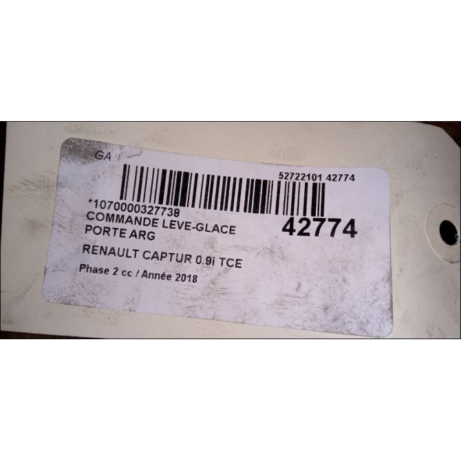 Commande leve-glace porte arrière gauche occasion RENAULT CAPTUR Phase 1 04-1995->04-1999 0.9i TCE 90ch 3