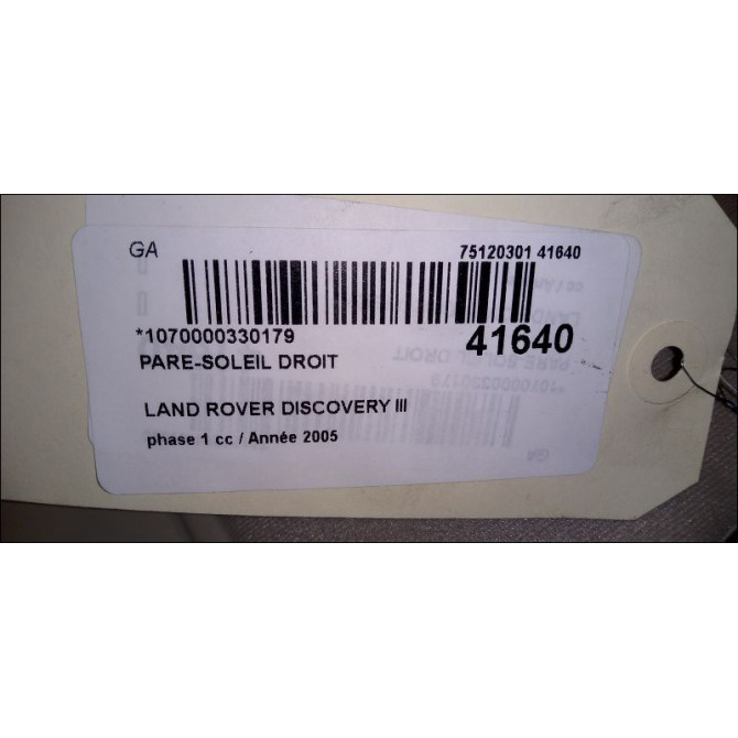 Pare-soleil droit occasion LAND ROVER DISCOVERY III Phase 1 04-1995->04-1999 2.7 TD 190ch 3