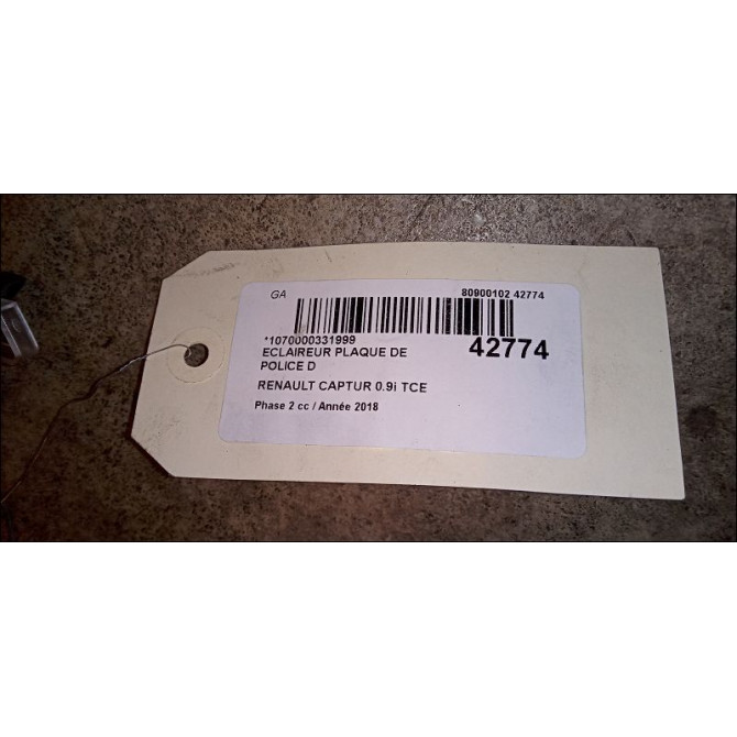 Eclaireur plaque de police d occasion RENAULT CAPTUR Phase 1 04-1995->04-1999 0.9i TCE 90ch 3