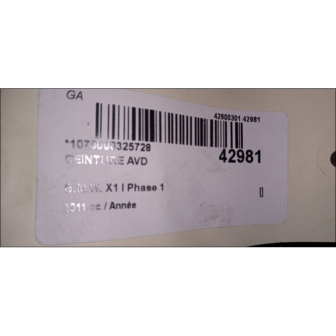 Ceinture avant droite occasion B.M.W. X1 I Phase 1 07-2009->05-2012 72112991282 2