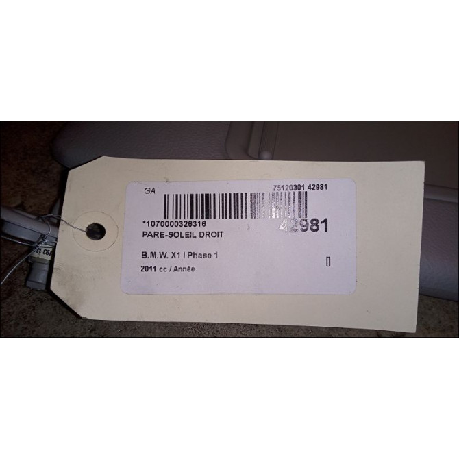 Pare-soleil droit occasion B.M.W. X1 I Phase 1 07-2009->05-2012 51167252010 3