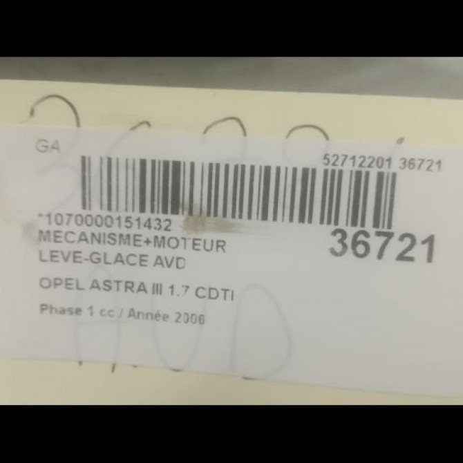 Mecanisme + moteur lève-glace avant droit occasion OPEL ASTRA III ASTRA III Phase 1 2004-04-01->2006-12-31 1.7 CDTI 100ch 93178696 3