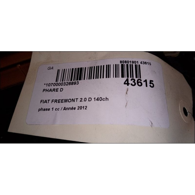 Phare droit occasion FIAT FREEMONT Phase 1 04-1995->04-1999 2.0 D 140ch K05067788AE 3