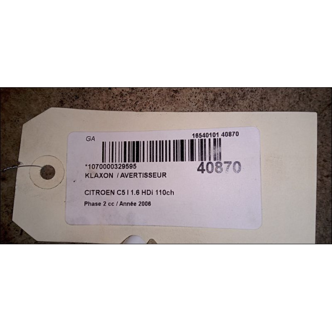 Klaxon  / avertisseur occasion CITROEN C5 I Phase 2 09-2004->06-2008 1.6 HDi 110ch 6236J8 2