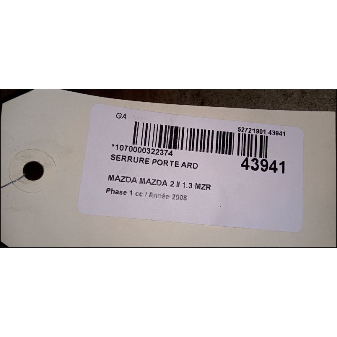 Serrure porte ard occasion MAZDA MAZDA 2 II MAZDA 2 II Phase 1 2007-09-01->2011-02-28 1.3 MZR 75ch D65172310D 2