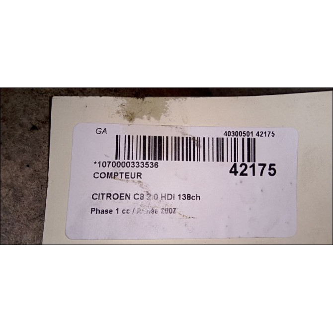 Compteur occasion CITROEN C8 Phase 1 06-2002->... 2.0 HDi 138ch 6106RX 6