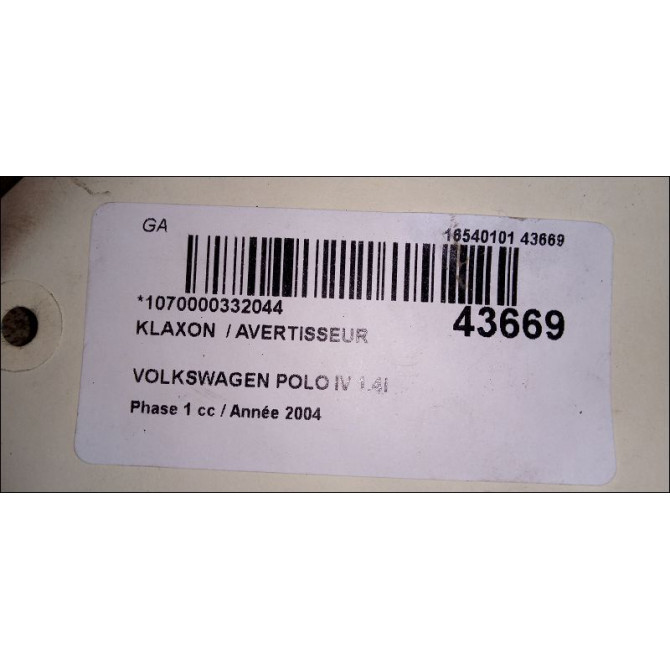 Klaxon  / avertisseur occasion VOLKSWAGEN POLO IV Phase 1 01-2002->05-2005 1.4i 75ch 3