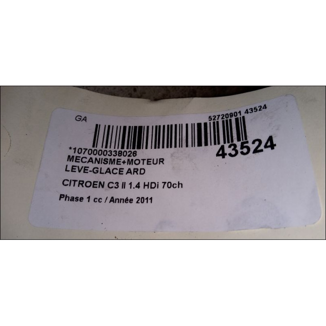 Mecanisme+moteur leve-glace ard occasion CITROEN C3 II Phase 1 11-2009->02-2013 1.4 HDi 70ch 9224G2 2
