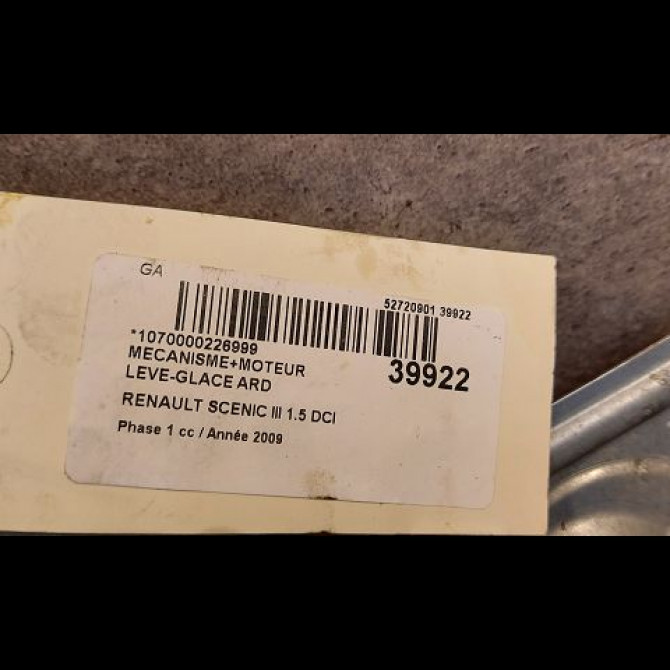 Mecanisme+moteur leve-glace ard occasion RENAULT SCENIC III Phase 1 04-2009->11-2011 1.5 DCI 105ch 827208148R 3