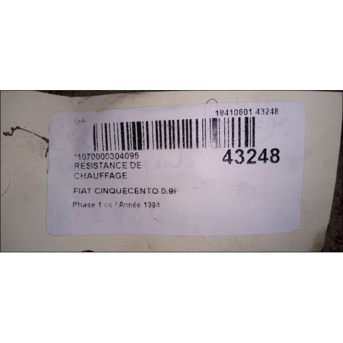 Resistance de chauffage occasion FIAT CINQUECENTO Phase 1 07-1992->09-1998 0.9i 40ch 7781132 3