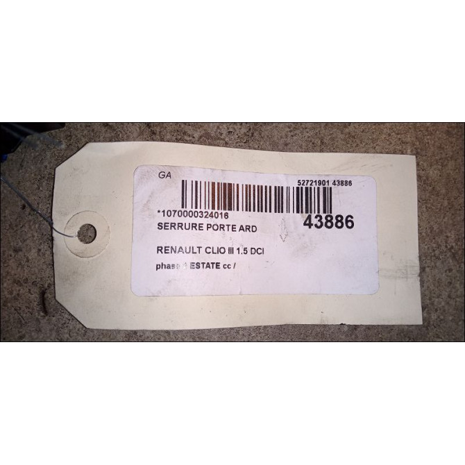 Serrure porte ard occasion RENAULT CLIO III phase 2 ESTATE 03-2009->12-2014 1.5 DCI 85ch 8200299161 3