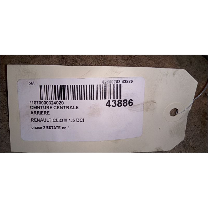 Ceinture centrale arriere occasion RENAULT CLIO III phase 2 ESTATE 03-2009->12-2014 1.5 DCI 85ch 8200838238 2