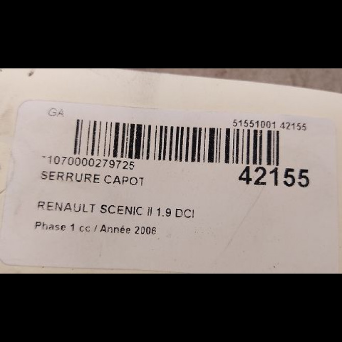 Serrure capot occasion RENAULT SCENIC II Phase 1 03-2004->09-2006 1.9 DCI 125ch 8200236512 2