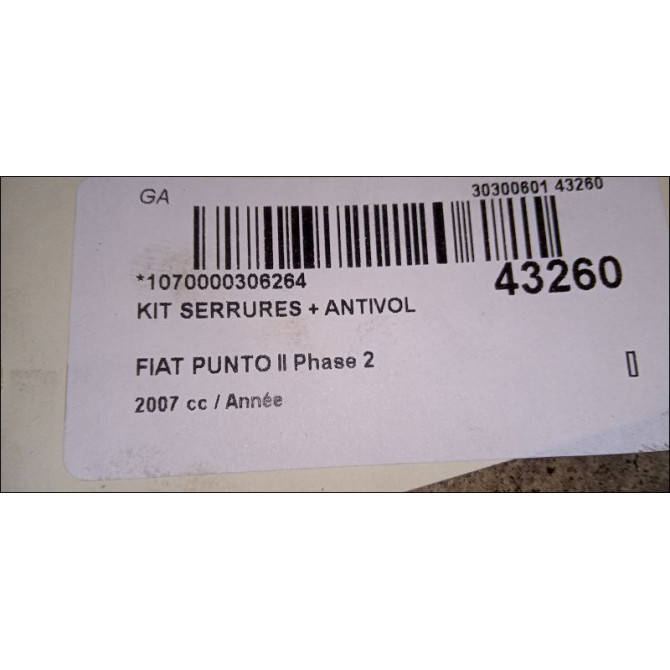 Kit serrures + antivol occasion FIAT PUNTO II Phase 2 05-2003->10-2009 71739650 3