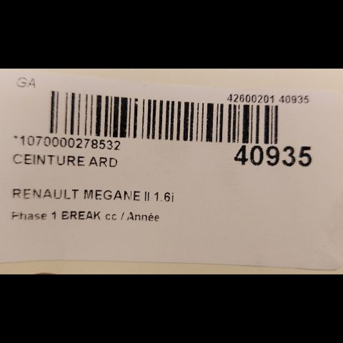 Ceinture arrière droite occasion RENAULT MEGANE II Phase 1 04-1995->04-1999 1.6i 113ch 8200562500 5