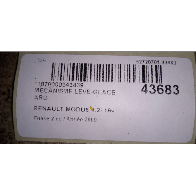 Mecanisme leve-glace arrière droit occasion RENAULT MODUS Phase 2 01-2008->12-2012 1.2i 16v 75ch 3