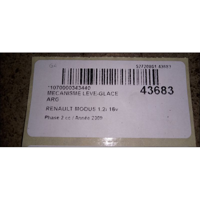 Mecanisme leve-glace arrière gauche occasion RENAULT MODUS Phase 2 01-2008->12-2012 1.2i 16v 75ch 3
