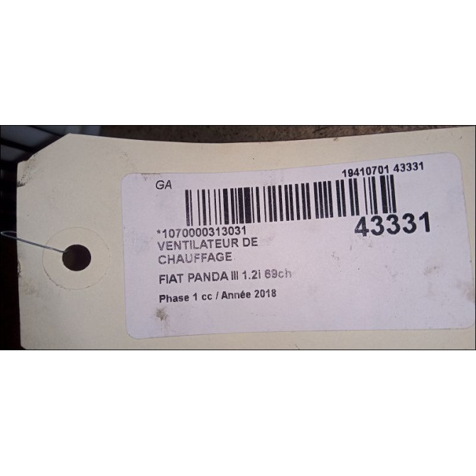Ventilateur de chauffage occasion FIAT PANDA III Phase 1 01-2012->... 1.2i 69ch 77366917 3