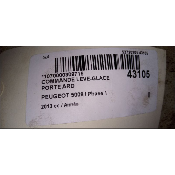 Commande leve-glace porte arrière droite occasion PEUGEOT 5008 I Phase 1 11-2009->12-2013 6490RK 3