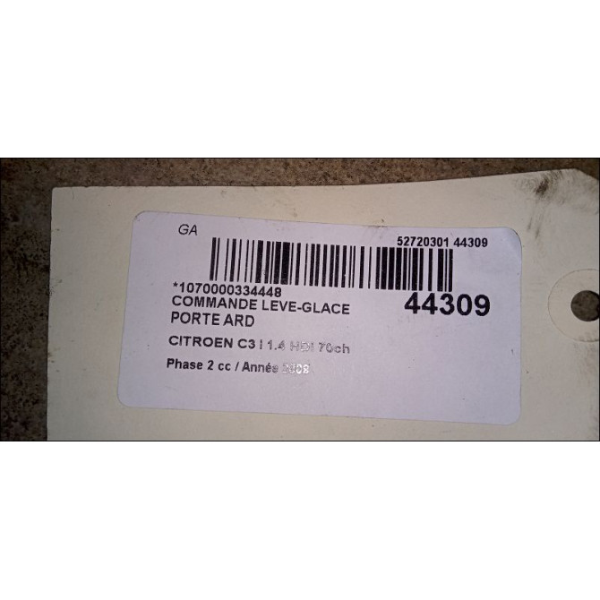 Commande leve-glace porte arrière droite occasion CITROEN C3 I Phase 2 10-2005->12-2010 1.4 HDi 70ch 3