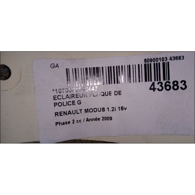 Eclaireur plaque de police g occasion RENAULT MODUS Phase 2 01-2008->12-2012 1.2i 16v 75ch 3