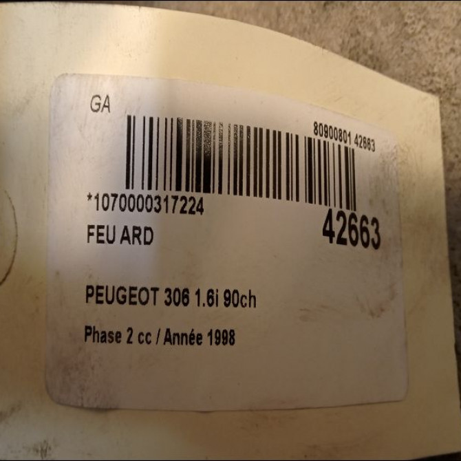 Feu arrière droit occasion PEUGEOT 306 Phase 2 04-1997->03-2002 1.6i 90ch 6351H8 3