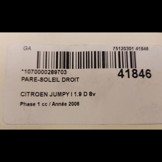 Pare-soleil droit occasion CITROEN JUMPY I Phase 1 09-1995->12-2003 1.9 D 8v 70ch 8143HV 3