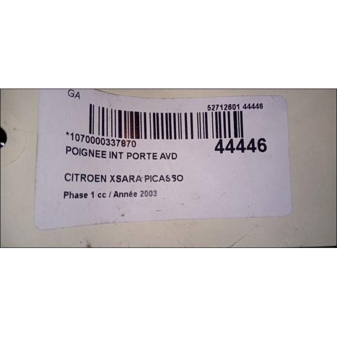 Poignee int porte avd occasion CITROEN XSARA PICASSO Phase 1 12-1999->02-2004 2.0 HDi 90ch 9143F3 3