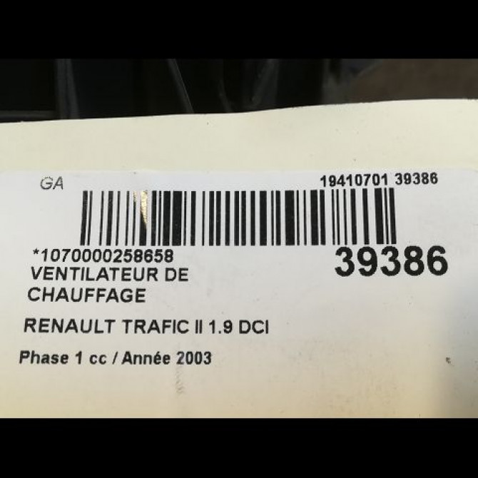 Ventilateur de chauffage occasion RENAULT TRAFIC II Phase 1 10-2001->08-2006 1.9 DCI 82ch 7701208225 3