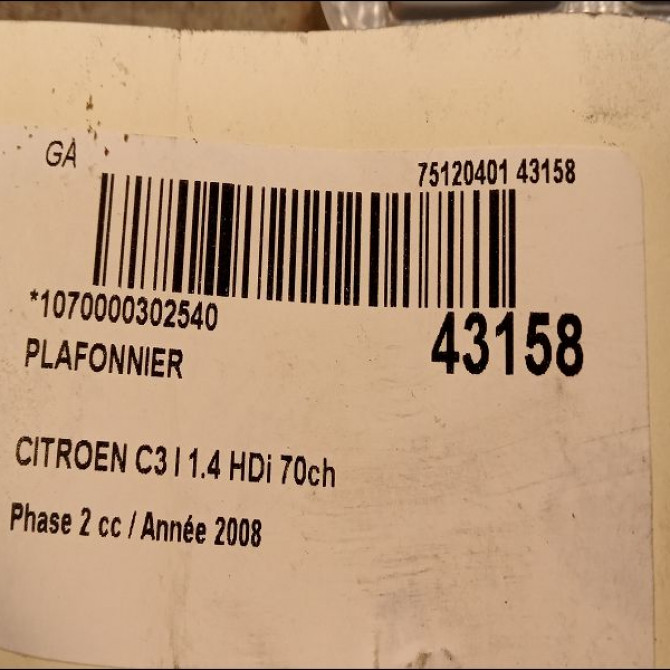 Plafonnier occasion CITROEN C3 I Phase 2 10-2005->12-2010 1.4 HDi 70ch 6362Q2 2