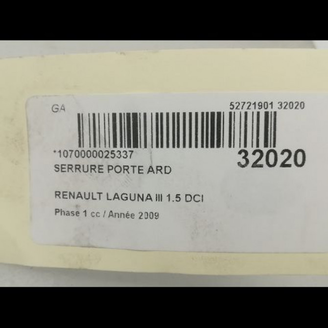 Serrure porte ard occasion RENAULT LAGUNA III Phase 1 10-2007->10-2010 1.5 DCI 825000003R 5