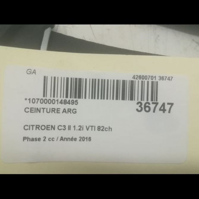 Ceinture arrière gauche occasion CITROEN C3 II Phase 2 03-2013->12-2016 1.2i VTI 82ch 98019948XX 4