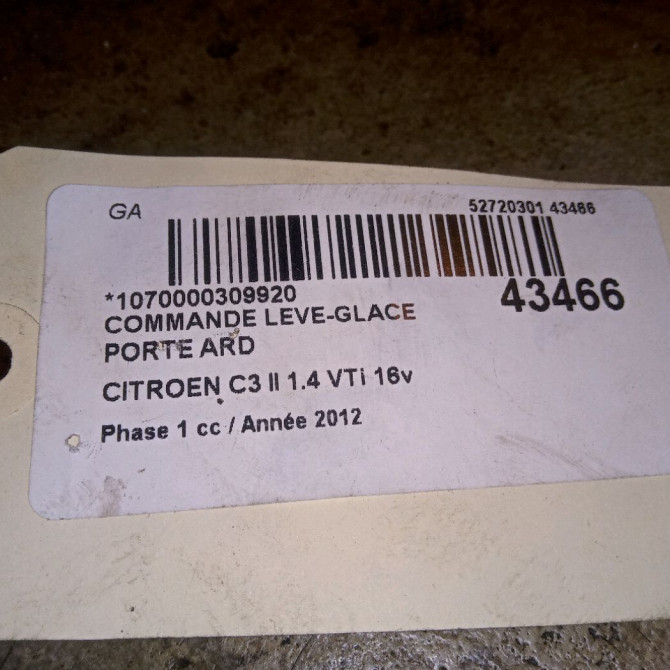 Commande leve-glace porte arrière droite occasion CITROEN C3 II Phase 1 11-2009->02-2013 1.4 VTi 16v 95ch 98012514XT 3