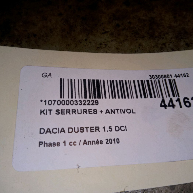 Kit serrures + antivol occasion DACIA DUSTER Phase 1 03-2010->12-2013 1.5 DCI 110ch 3