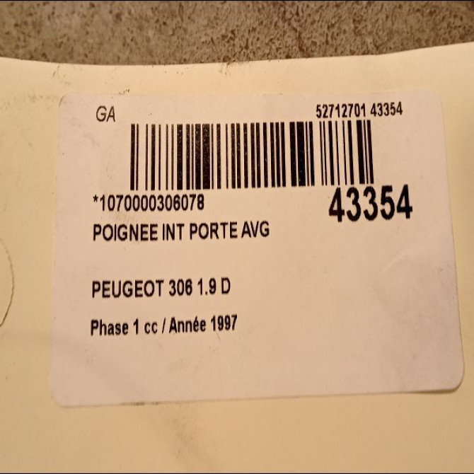 Poignee int porte avg occasion PEUGEOT 306 Phase 1 09-1994->03-1997 1.9 D 914371 3