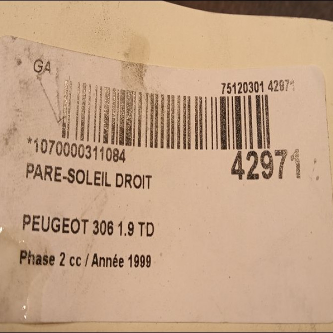 Pare-soleil droit occasion PEUGEOT 306 Phase 2 04-1997->03-2002 1.9 TD 8143L2 3