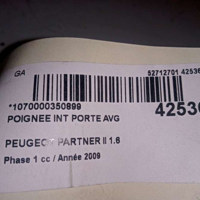 Poignee int porte avg occasion PEUGEOT PARTNER II Phase 1 05-2008->03-2012 1.6 HDI 90ch 9143T0 2