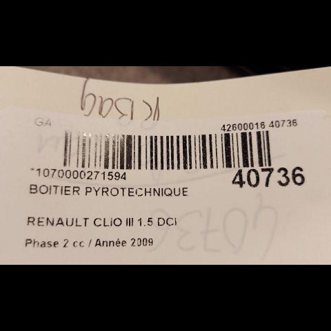 Boitier pyrotechnique occasion RENAULT CLIO III Phase 2 03-2009->12-2014 1.5 DCI 85ch 8200963406 2