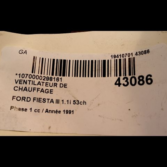 Ventilateur de chauffage occasion FORD FIESTA III Phase 1 03-1989->01-1994 1.1i 53ch 3