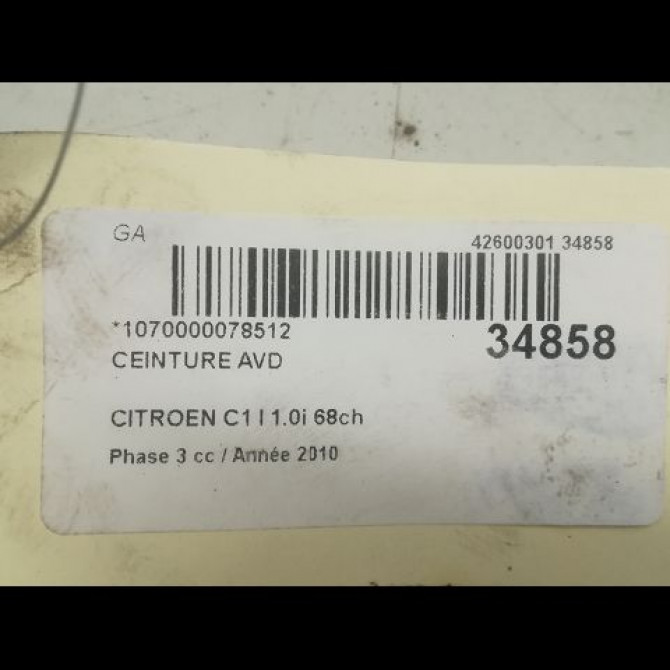 Ceinture avant droite occasion CITROEN C1 I Phase 3 01-2012->08-2014 1.0i 68ch 8974LJ 4